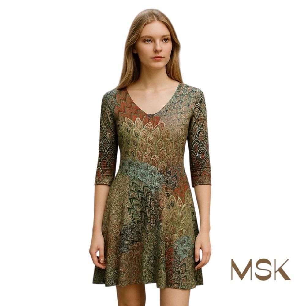 MSK Brown Orange Tan Peacock Print Boho Festival Dress NWOT Size M